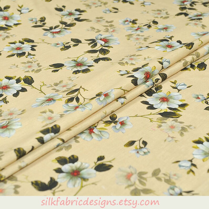 Floral Print Light Yellow 100 Silk Linen Blend Fabric by the Yard Etsy