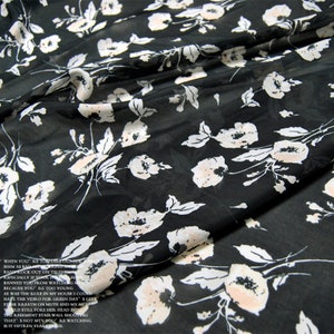 Black Silk Cotton Blend Fabric With Beige Floral Print Fabric By The Yard Width 55 inch