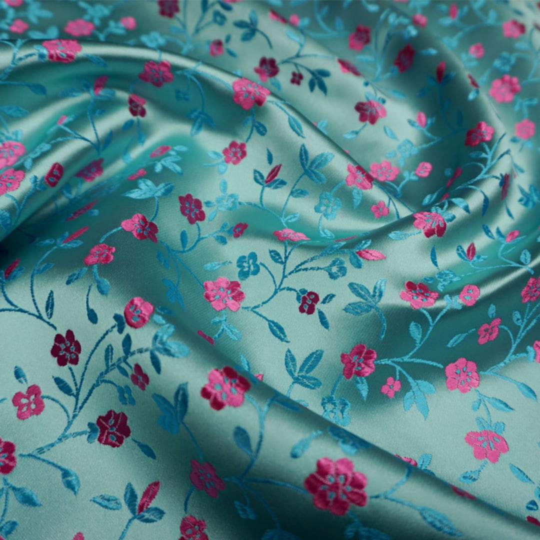 Blue Brocade Satin Fabric Wit Small Floral Print Fabric by - Etsy