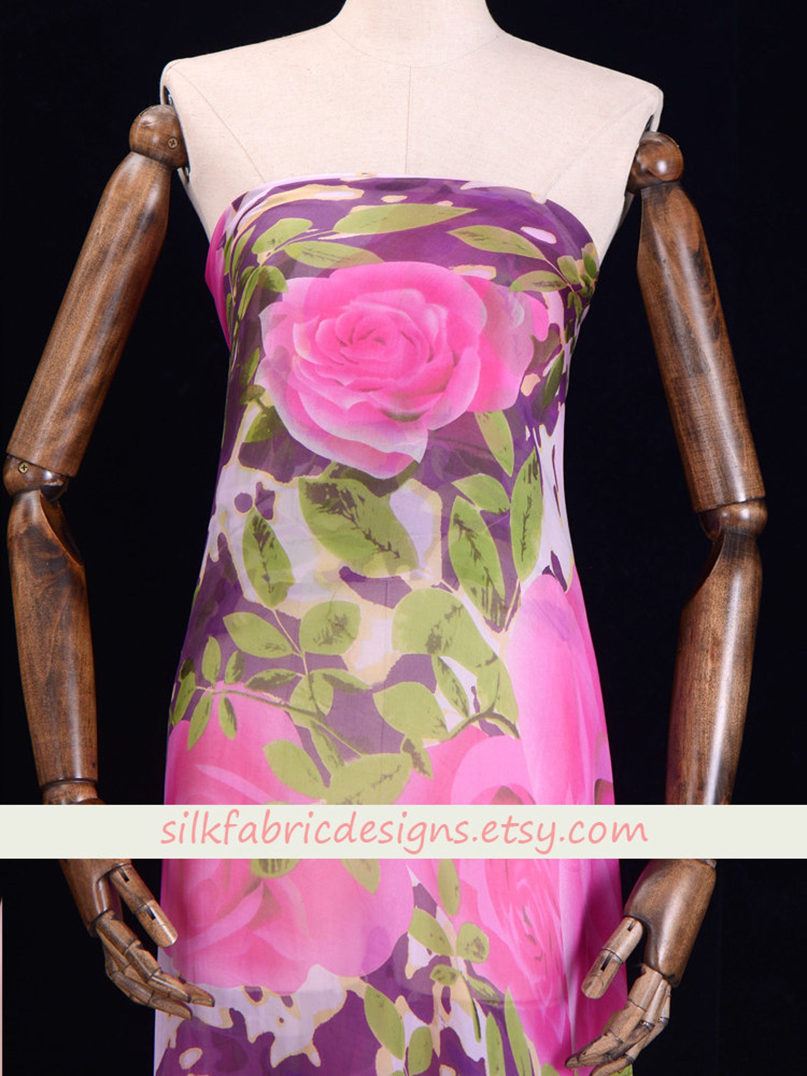 Large Floral Dark Pink Print 100% Pure Silk Chiffon Fabric - Etsy