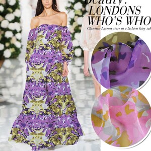Abstract Print Purple and Pink 100% Pure Silk Chiffon Fabric Width 53 Intch