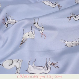 Deer Print Blue 100% Heavy Silk Crepe de Chine Fabric By the Yard