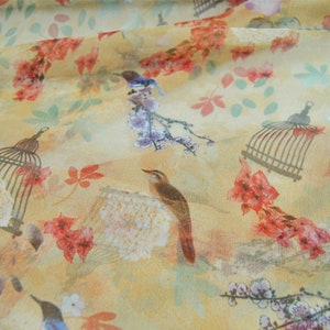Bird and Floral Print Light Yellow Silk 100% Georgette Fabric Width 53 Inch 4.5 m/m
