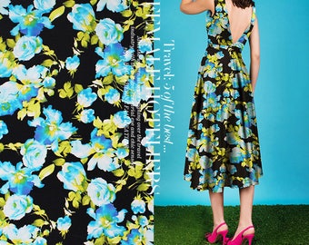 Black 100% Silk Crepe de Chine Fabric Apparel Sewing  Fabric With Floral Print Fabric Width 44 inch