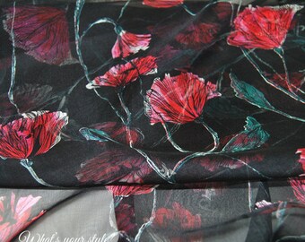 Red Floral Green Leaves Print Black 100% Silk Georgette Fabric Width 53 Inch 8 m/m