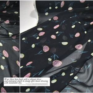 Small Floral  Print Black 100% Silk Georgette Fabric Width 55 Inch
