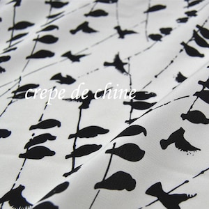 Small Bird Print White 100% Silk Crepe De Chine Fabric Width 43 inch