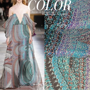 Colorful 100% Pure Silk Chiffon Fabric With Bohemia Curve Print Fabric Width 53 Intch