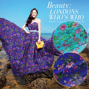 Dark Blue 100% Pure Silk Chiffon Fabric With Plant Floral Print Fabric By the Yard Width 53 Inch