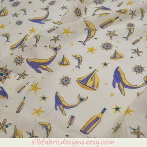 12 momme Beige Silk Crepe de Chine Fabric With Dolphin Print Fabric by the yard