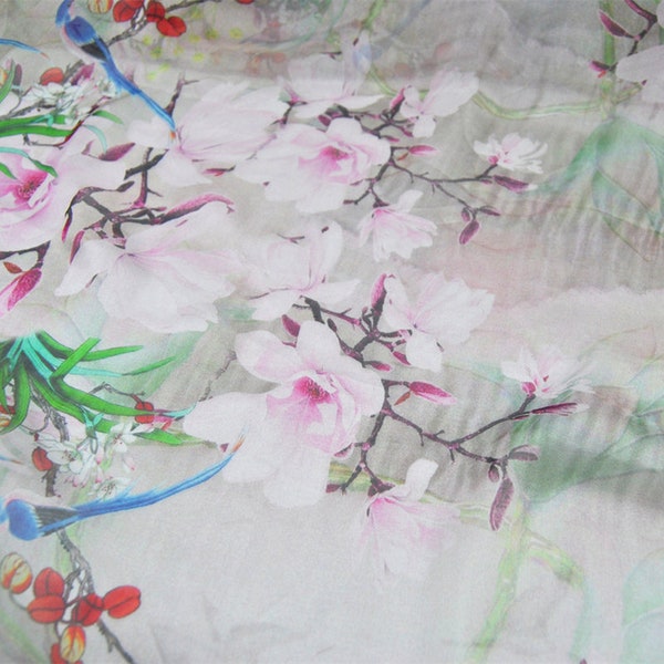 White 100% Pure Silk Chiffon Fabric With Floral and Bird Print Fabric By the Yard or meters