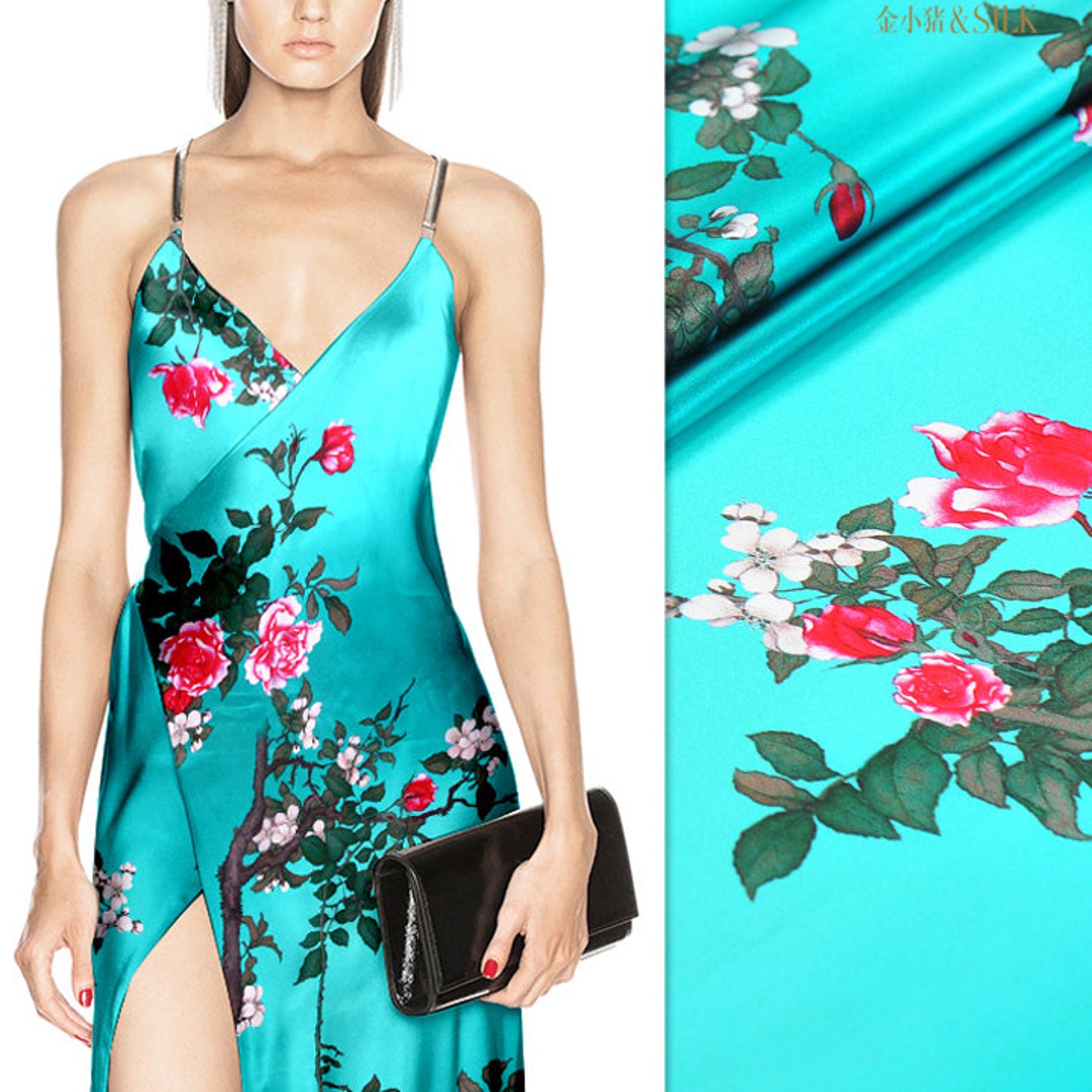 Grren 100 Stretch Silk Satin Fabric With Red Floral Print Etsy