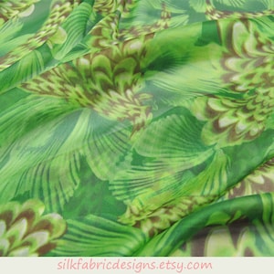 Green Pure Silk Chiffon Fabric With Floral Print Fabric By the Yard