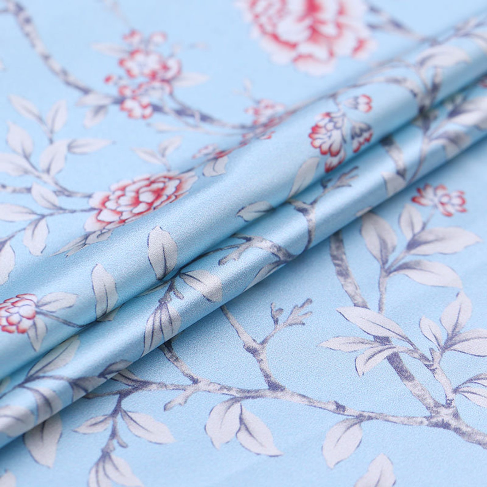 Light Blue Silk Stretch Satin With Bird and Floral Print Fabric by the Yard or Meters Etsy Sweden