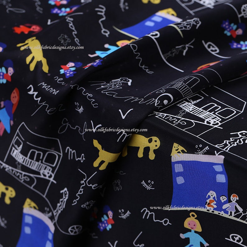 2 Color Black and White Silk Crepe de Chine Fabric Cartoon Character Girl Print Fabric Width 44 Inch