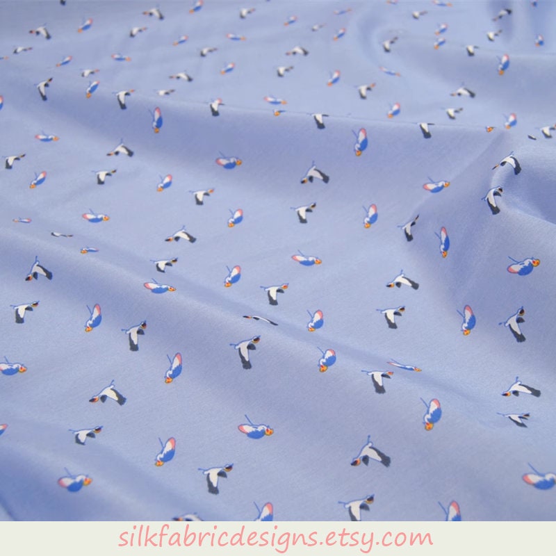 Blue Silk Cotton Blend Fabric With Bird Print Fabric By The Yard Width 54 inch