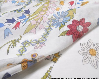 Floral Print White Silk Cotton Blend Satin Fabric For Apparel By The Yard Width 55 inch