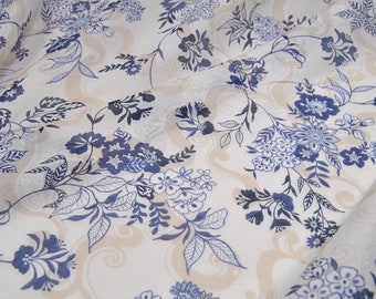 Blue Floral Print White Silk Cotton Blend Fabric By The Yard