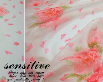 Pink Floral Print Beige 100% Silk Chiffon Fabric By the Yard or Meter