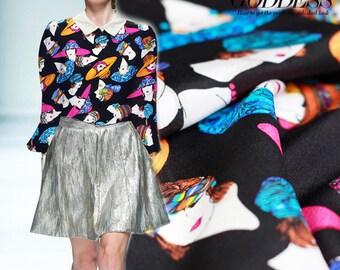 Black 100% Silk Crepe de Chine Fabric With Girl and Hat Print Fabric Width 44 Inch