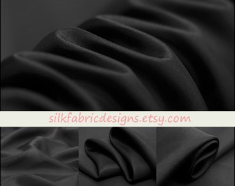 Solid Black 100% Pure Silk Habotai Fabric Width 44 inch