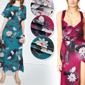 3 Color Beige and Wine Red and Green 100% Stretch Silk Satin Fabric With Floral Print Fabric Width 46 Inch