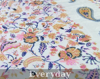 Art Floral Print White Silk Cotton Blend Satin Fabric For Apparel By The Yard Width 140 Cm