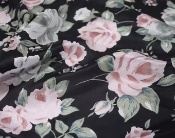 Black Silk Crepe de Chine Fabric With Rose Floral Print Fabric By the Yard 12 m/m