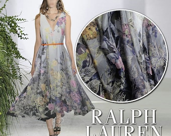 Gray 100% Pure Silk Chiffon Fabric With Floral Print Fabric By the Yard