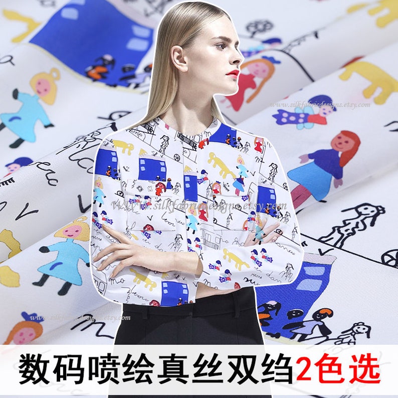 2 Color Black and White Silk Crepe de Chine Fabric Cartoon Character Girl Print Fabric Width 44 Inch