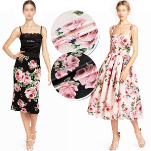 Rose Floral Farfalla Stampa Nero 100% Stretch Silk Satin Tessuto Larghezza 46 Pollici 19 m/m