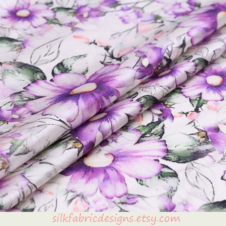 Purple Floral Print White 100% Stretch Silk Satin Fabric Width | Etsy