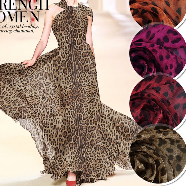 5 Color Brown 100% Pure Silk Chiffon Fabric With Leopard Print Fabric Width 53 inch 6 m/m