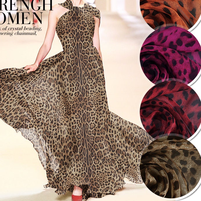 5 Color Brown 100 Pure Silk Chiffon Fabric With Leopard Print