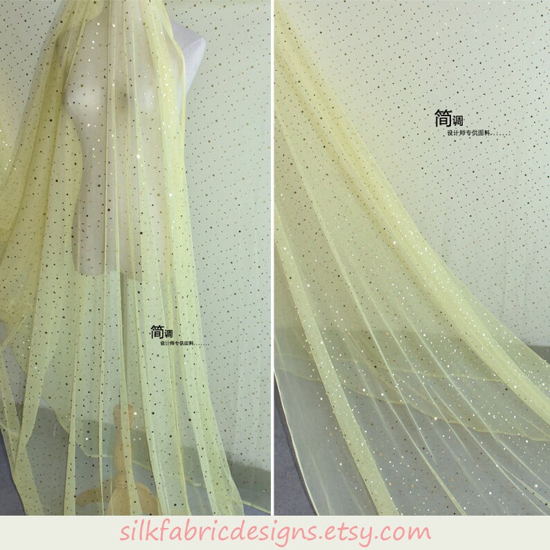 2 Color light Pink and Yellow Geometric Stars Sequin Lace Fabric Tulle Fabric By the Yard Or Meter