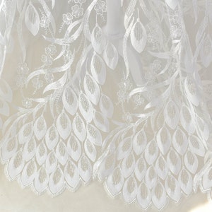 White Peacock Feather Floral Embroidery Sequin Mesh Lace Fabric By the Yard