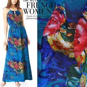 Blue 100% Pure Silk Chiffon Fabric With Big Peony Flower Print Fabric By the Yard or Meters