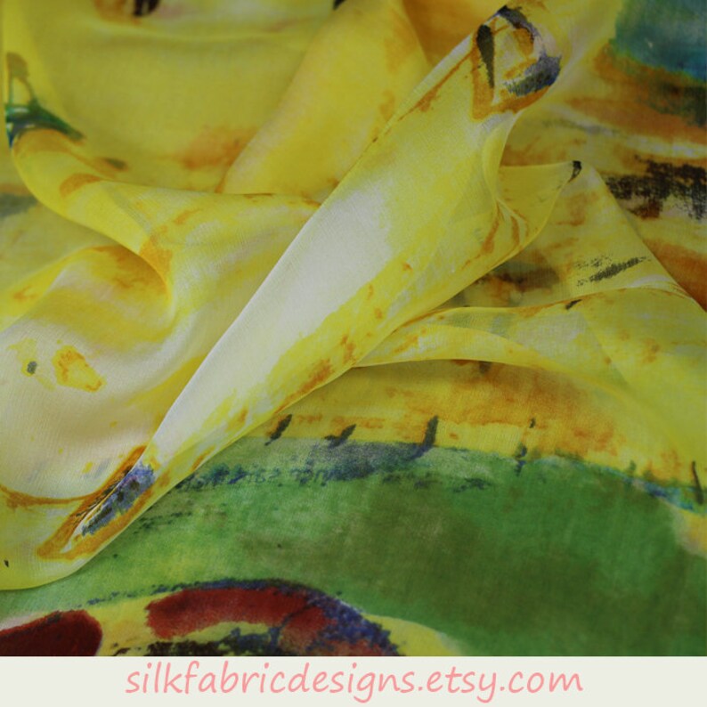 Abstract Floral Print Yellow 100 Silk Chiffon Fabric By the Etsy