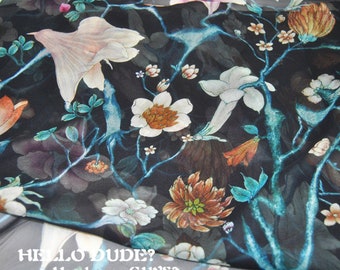 Black 100% Silk Georgette Fabric With Floral Print Fabric Width 53 Inch 8 m/m