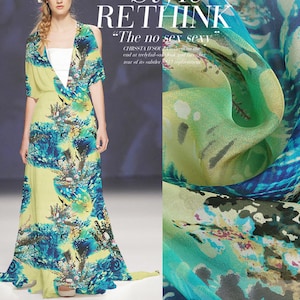 Green 100% Pure Silk Chiffon Fabric With Plant Print Fabric Width 53 Intch