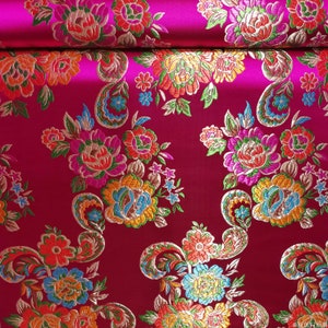 Rose Red Brocade Fabric With Floral Print Fabric Decor Metallic Fabric By Meter
