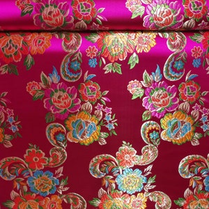 Tessuto Broccato Rosso Rosa Con Tessuto di Stampa Floreale Decor Metallic Oilind By Meter