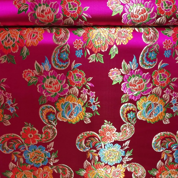 Rose Red Brocade Fabric With Floral Print Fabric Decor Metallic Fabric By Meter