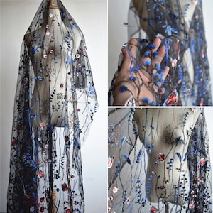 Blue Floral Leaf Embroidery Mesh Lace Fabric Black Mesh Fabric By the Yard