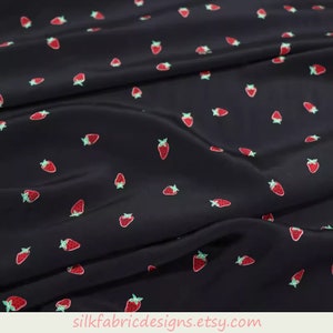 Fruit Strawberry Print Black100% Silk Crepe de Chine Fabric By the Yard 22 m/m