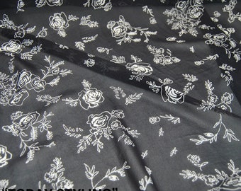 White Rose Floral Print  Black 100% Silk Georgette Fabric Width 55 Inch 10 m/m