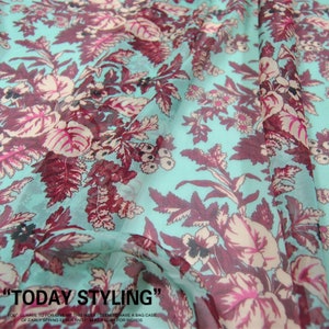Green 100% Pure Silk Chiffon Fabric With Plant Leaves Print Fabric Width 55 Inch