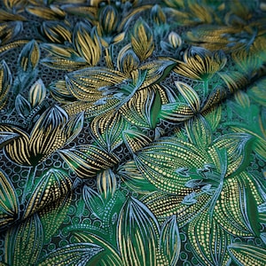 Green Brocade Satin Fabric With lily Floral Print Fabric by meter image 1