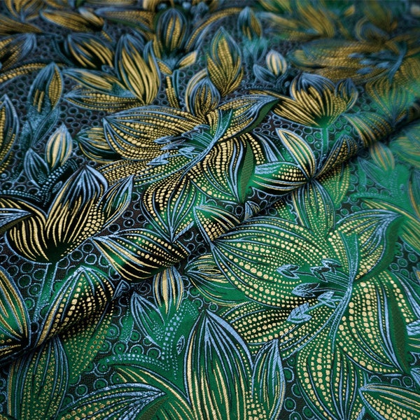 Tissu vert de satin de brocart avec le tissu floral d’impression de lis par mètre