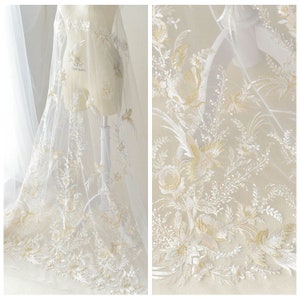 Gold Floral Bird Embroidered Lace White Soft Mesh Lace Fabric By the Yard